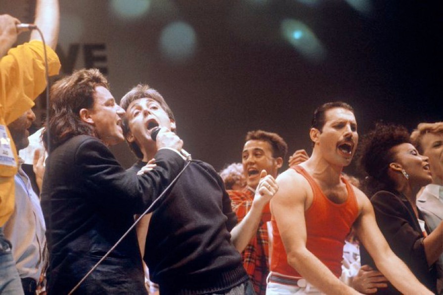 Freddie Mercury, Paul McCartney, and Bono On-Stage at Live Aid, 1985